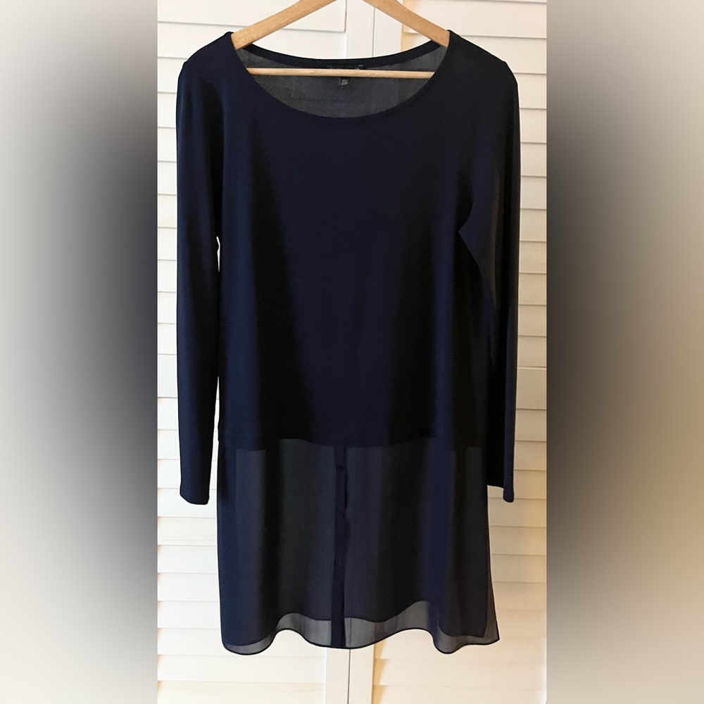 Eileen Fisher Navy Silk Tunic Top Sheer Bottom Panel Size Small